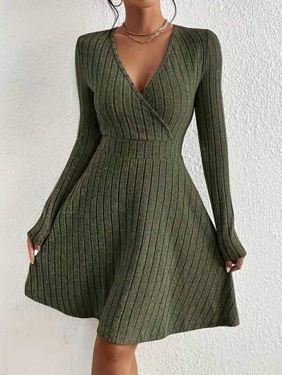 Women's Knit Dress - Wrap V-Neck - Long Sleeve - Ribbed A-Line Silhouette