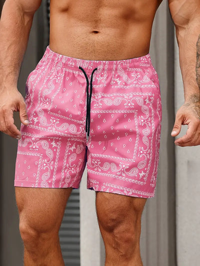 Men’s Swim Shorts – Quick-Dry Breathable Fabric – Bandana Print – Relaxed Fit – Mid-Thigh