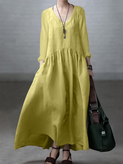 Women’s Maxi Dress – Natural Fibers – Relaxed Fit – V-Neck – Long Sleeve