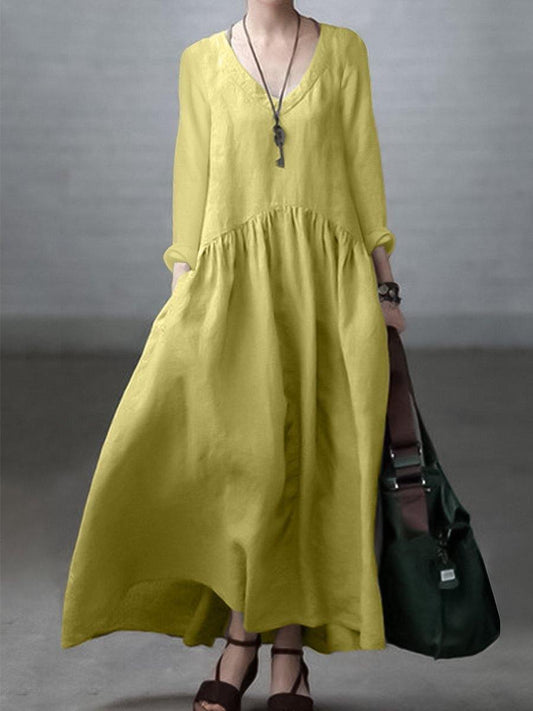 Women’s Maxi Dress – Natural Fibers – Relaxed Fit – V-Neck – Long Sleeve
