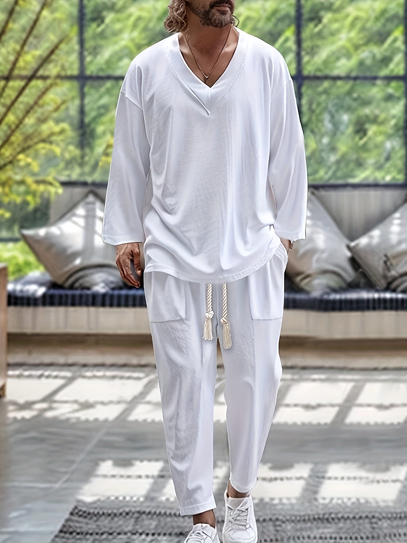 Men’s Loungewear Set – V-Neck Long Sleeve Top – Relaxed Fit Trousers with Pockets