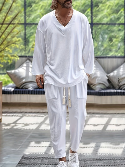 Men’s Loungewear Set – V-Neck Long Sleeve Top – Relaxed Fit Trousers with Pockets