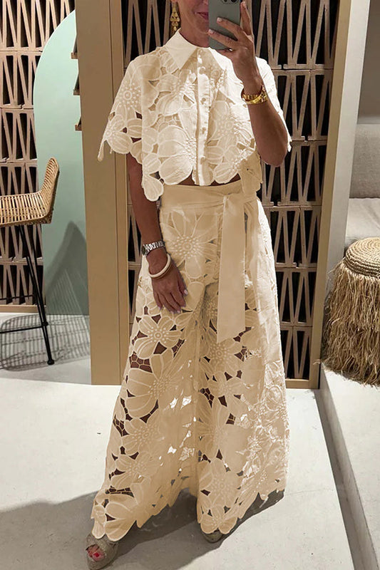 Women’s Two-Piece Set – Lace Floral Pattern – Crop Shirt – High Waist Wide Leg Trousers