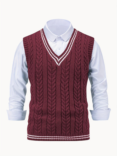Men’s Sweater Vest - Cable Knit - V-Neck - Ribbed Trim - Classic Knitwear