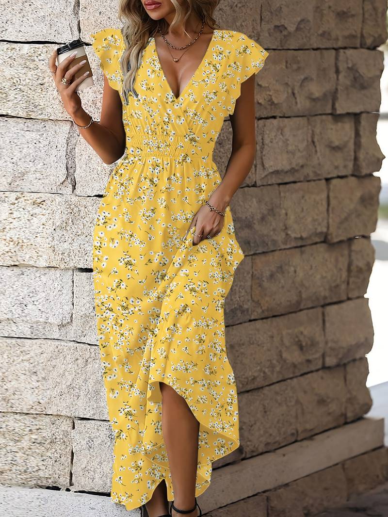 Women's Maxi Dress - V-Neck - Smocked Waist - Ruffle Sleeves & Hem - Floral Print