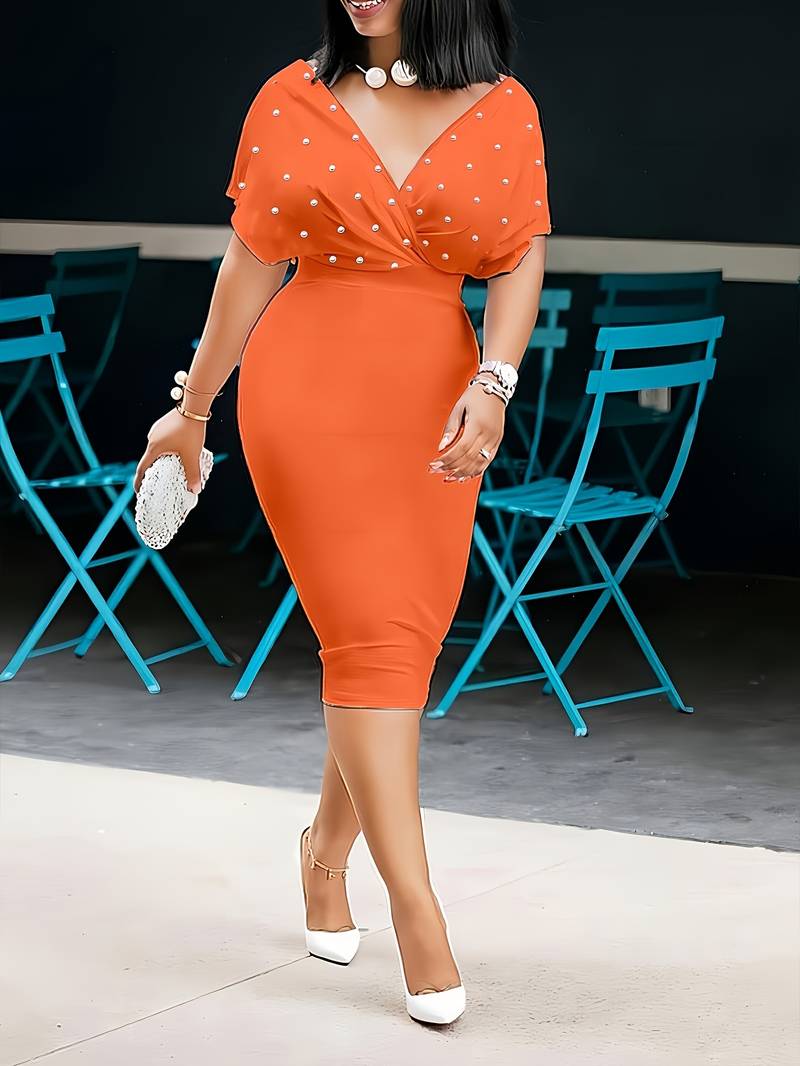 Women's Bodycon Dress - Elegant Wrap V-Neck - Short Sleeve - Pearl Embellished