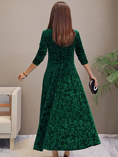 Women’s Midi Dress - Velvet A-Line - Floral Pattern - V-Neck - 3/4 Sleeve Elegant Fit