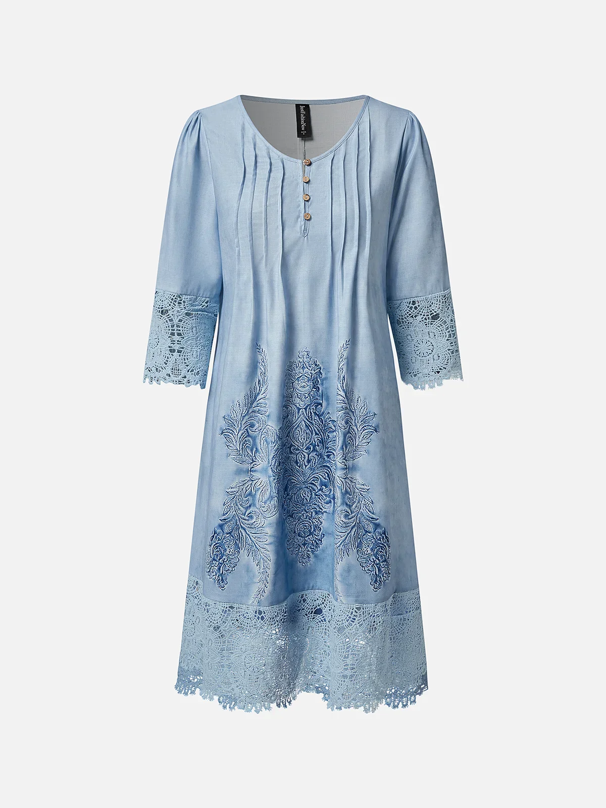 Women's Dress - Knee-Length - Three-Quarter Sleeve - Lace & Embroidery - V-Neck Button-Up