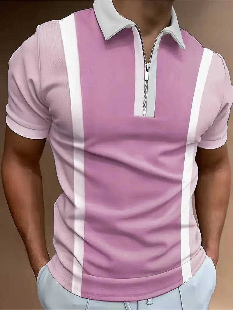 Men’s Polo Shirt - Fitted Cut - Zipper Closure - Contrast Stripe Detail - Short Sleeve