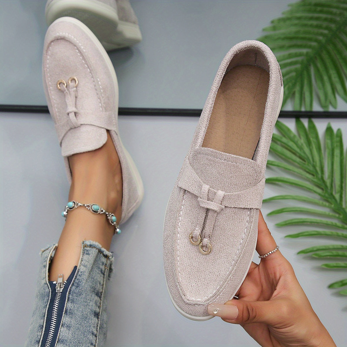 Women’s Slip-On Loafers – Woven Fabric – Decorative Lace – Casual Comfort Fit
