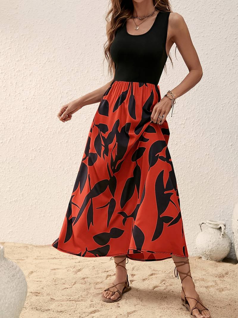 Women's Sleeveless Maxi Dress - Fitted Bodice - Scoop Neck - Flowy A-Line Skirt