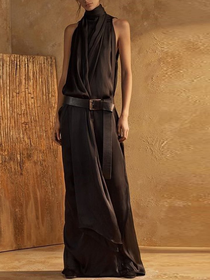 Women’s Maxi Tank Dress – High Neck – Sleeveless – Waist Belt – Flowing Fit – Breathable Blend