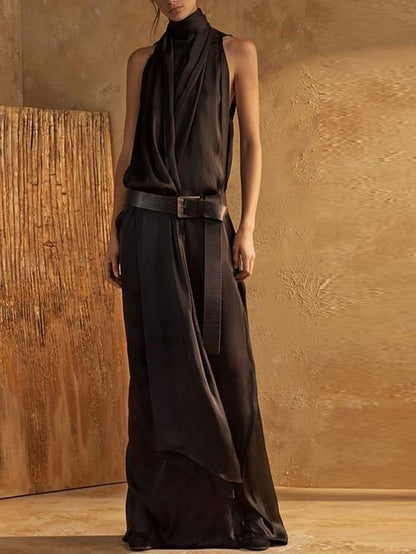Women’s Maxi Tank Dress – High Neck – Sleeveless – Waist Belt – Flowing Fit – Breathable Blend
