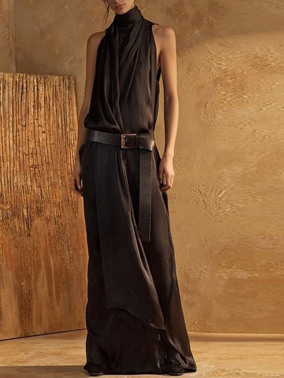 Women’s Maxi Tank Dress – High Neck – Sleeveless – Waist Belt – Flowing Fit – Breathable Blend