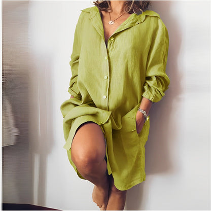Women’s Blouse – Relaxed Fit – Natural Fibers – Button Front – Mid-Thigh Length – Long Sleeve