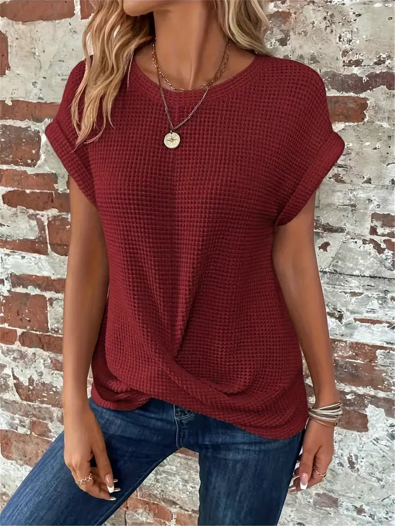 Women's Knit Top - Waffle Texture - Loose Fit - Round Neck - Breathable Casual Wear