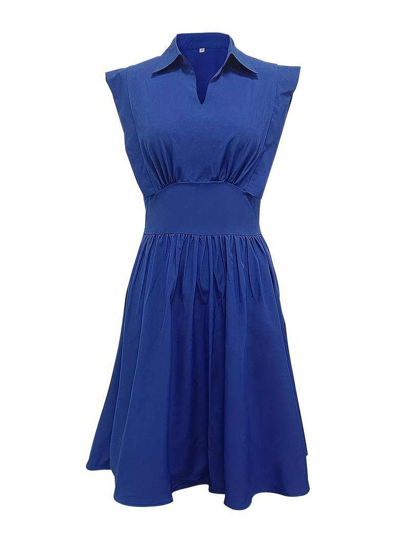 Women's Midi Dress - Fitted Waist - A-Line Silhouette - Collared - Cap Sleeves