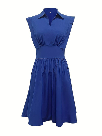 Women's Midi Dress - Fitted Waist - A-Line Silhouette - Collared - Cap Sleeves