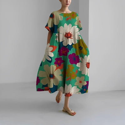 Women's Boho Floral Print Casual Loose Swing Dress