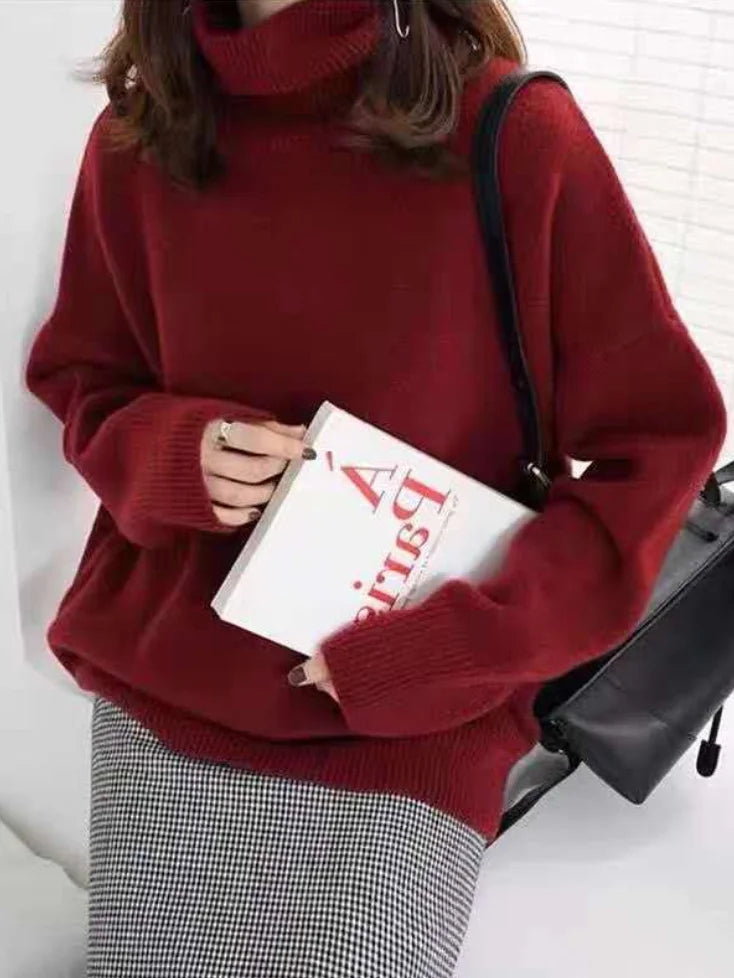 Women’s Turtleneck Sweater – Wool Blend – Relaxed Fit – Ribbed Cuffs – Hip Length
