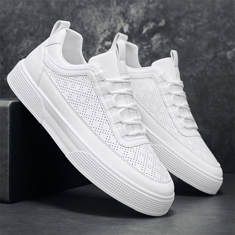 Men’s Leather Sneakers - Breathable Perforated Design - Cushioned Sole - Casual Wear