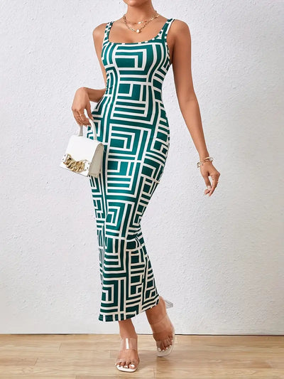 Women's Bodycon Midi Dress - Square Neck - Sleeveless - Geometric Pattern - Fitted Silhouette