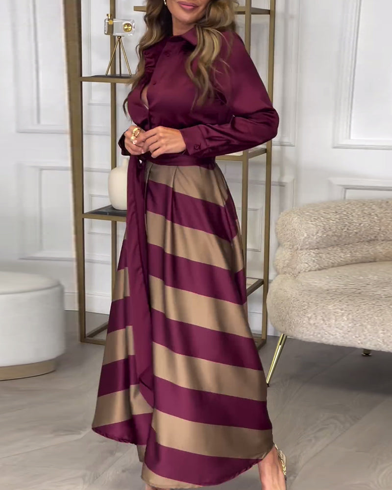 Women's Maxi Shirt Dress - Button-Up Long Sleeve - Striped Flowing Skirt - Belted Waist