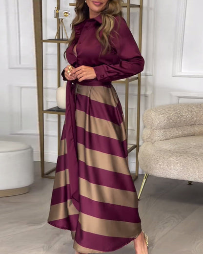 Women's Maxi Shirt Dress - Button-Up Long Sleeve - Striped Flowing Skirt - Belted Waist