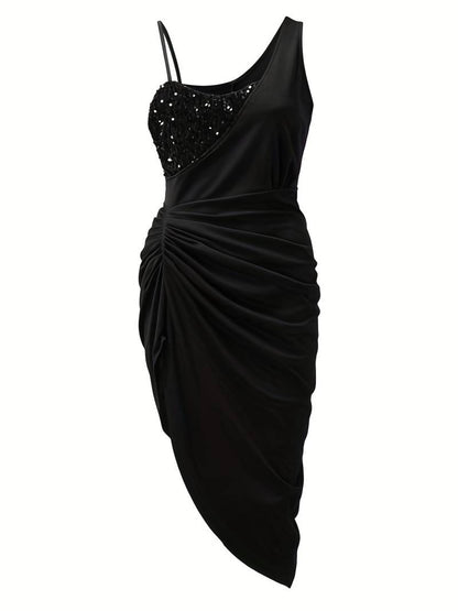 Women's Evening Dress - One Shoulder - Sequin Bust - Draped Waist - High Slit Elegant Fit