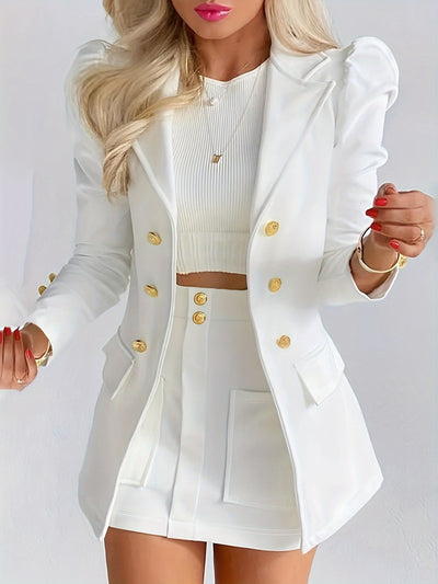 Women's Blazer - Double-Breasted Tailored Fit - Gold Button Detailing - Formal Wear