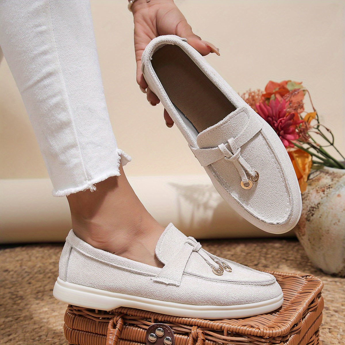 Women’s Slip-On Loafers – Woven Fabric – Decorative Lace – Casual Comfort Fit