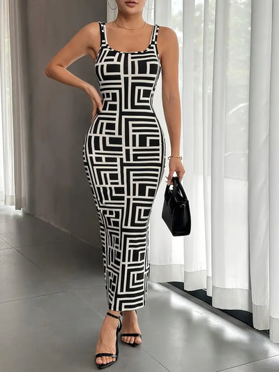 Women's Bodycon Midi Dress - Square Neck - Sleeveless - Geometric Pattern - Fitted Silhouette
