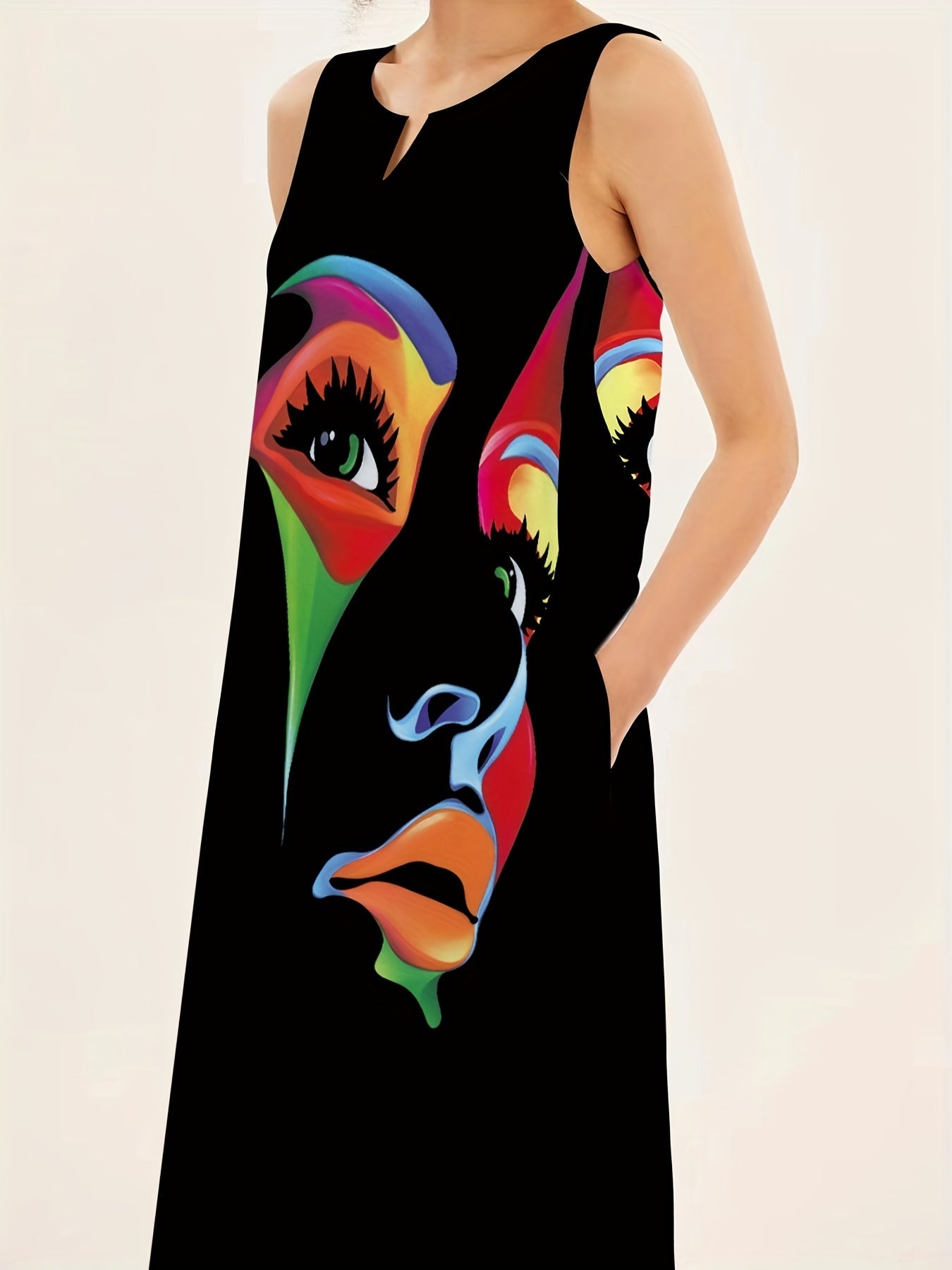 Women's Maxi Dress - Sleeveless Flowing Fit - V-Neck Artistic Face Print