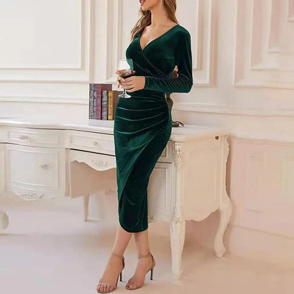 Women's Velvet Midi Dress - Wrap V-Neck - Long Sleeve Bodycon - Elegant Ruched Detail