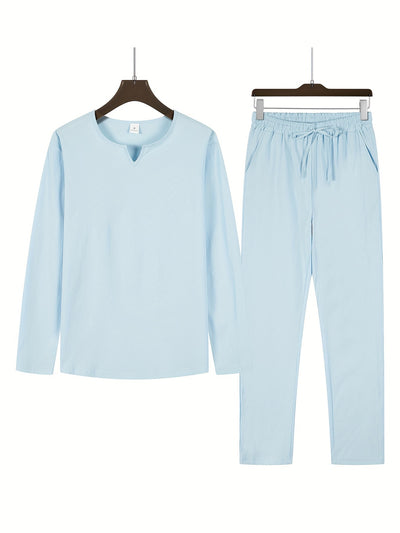 Men's Casual Two-Piece Outfit - V-Neck Long Sleeve Top & Relaxed Fit Trousers