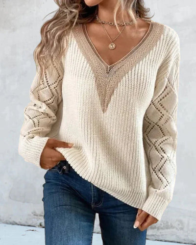 Women’s V-Neck Sweater – Soft Knit – Relaxed Fit – Lace Trim – Open Knit Sleeves