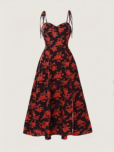 Floral print midi dress with tie straps for women