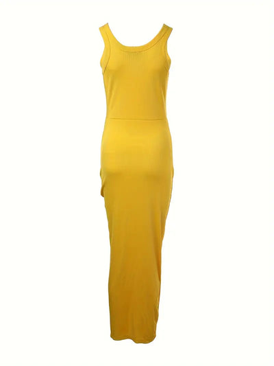 Women's Bodycon Dress - Sleeveless Scoop Neck - High Slit Satin-Like Elegant Wear