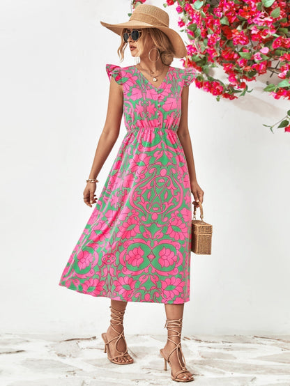 Women's Midi Dress - V-Neck - Short Ruffled Sleeves - Fitted Waist - Floral Print