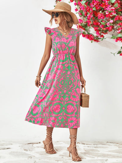 Women's Floral Print Dress - V-Neck - Ruffled Cap Sleeves - A-Line Asymmetrical Hem
