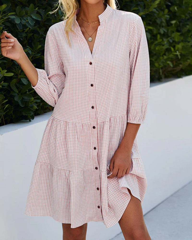 Women’s A-Line Dress – Checked Pattern – Tiered Hem – 3/4 Sleeve – Natural Fibers