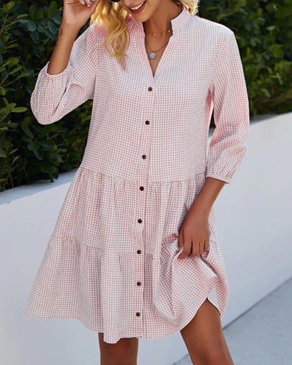 Women’s A-Line Dress – Checked Pattern – Tiered Hem – 3/4 Sleeve – Natural Fibers