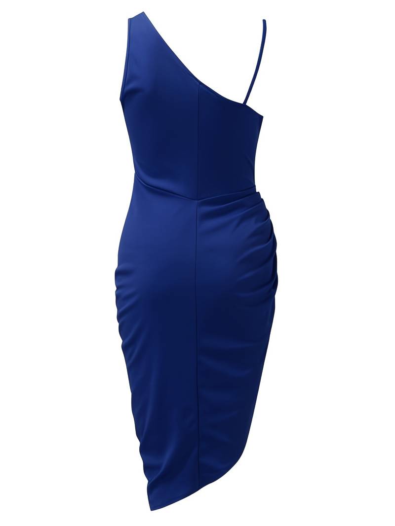 Women's Evening Dress - One Shoulder - Sequin Bodice - Draped Waist - High Slit