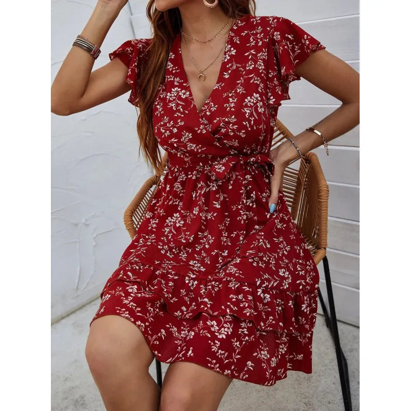 Women's Floral Dress - V-Neck Wrap Design - Short Flutter Sleeves - Fit-and-Flare