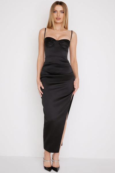 Women’s Midi Dress – Satin Fitted Silhouette – Spaghetti Strap – Pleated Bust – Slit Skirt