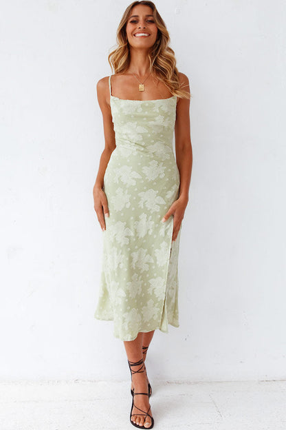 Women’s Slip Midi Dress – Cowl Neck – High Slit – Floral Pattern – Luxury Fabric