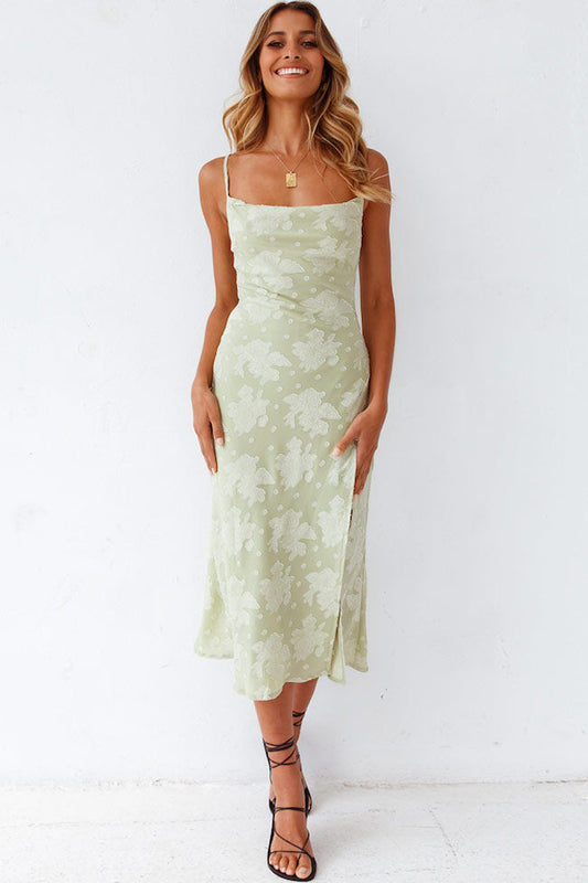 Women’s Slip Midi Dress – Cowl Neck – High Slit – Floral Pattern – Luxury Fabric
