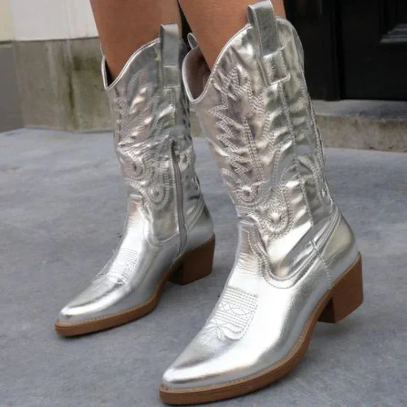 Women’s Cowboy Boots – Mid Calf – Western Stitching – Pointed Toe – Side Zipper Pull Tabs