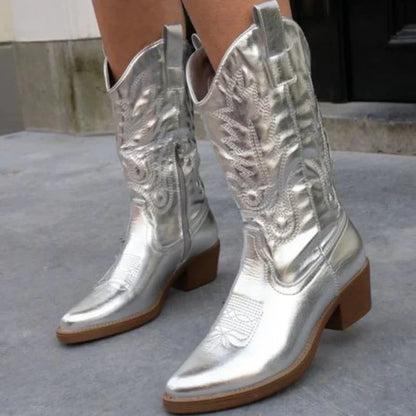 Women’s Cowboy Boots – Mid Calf – Western Stitching – Pointed Toe – Side Zipper Pull Tabs
