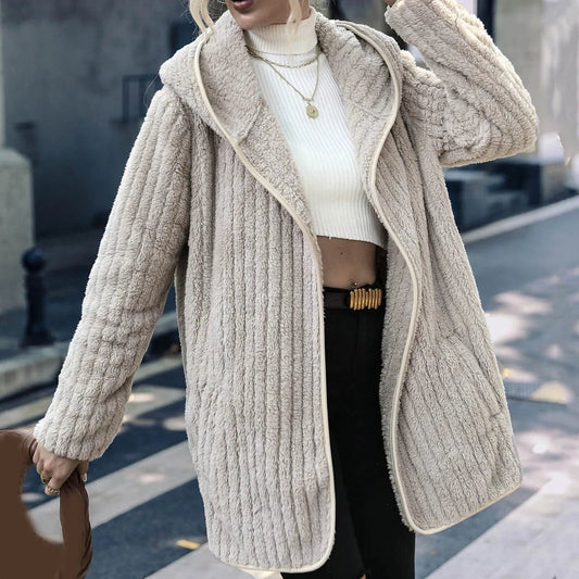 Women’s Cardigan – Oversized Fit – Fluffy Fleece – Ribbed Texture – Hooded Open Front